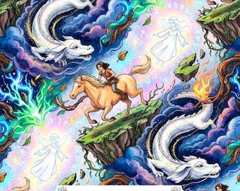 Neverending Story Digital Paper JPG | White Flying Dragons, Horse Riders and Magical Floating Islands