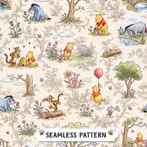 Vintage Winnie the Pooh Toile Seamless Pattern for Baby Shower Crafts | JPG