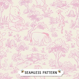 Puede incluir: Un patrón sin costuras en rosa y crema que representa a Winnie the Pooh y sus amigos. El diseño incluye ilustraciones de Pooh, Tigger, Eeyore, Piglet y otros personajes, junto con árboles, puentes y tarros de miel. También se incluye el texto "SEAMLESS PATTERN".