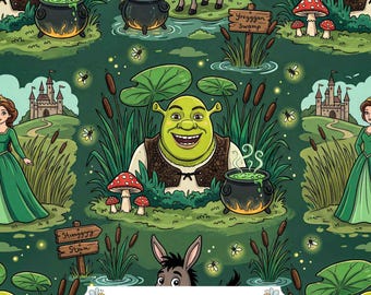 Enchanted Swamp Digital Paper JPG | Green Ogre, Princess, Donkey and Glowing Fireflies