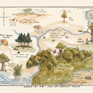 May include: A hand-drawn map of the Hundred Acre Wood featuring watercolor illustrations of various locations including Pooh Bear's house, Piglet's house, and Owl's house. The map includes text labels for landmarks and a compass rose in the corner.