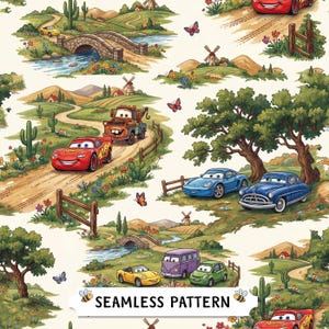 Könnte beinhalten: Ein nahtloses Muster mit Cartoon-Autos in einer ländlichen Landschaft mit Hügeln, Bäumen, Kakteen, Steinbrücken und Windmühlen. Das Design zeigt Charaktere wie einen roten Rennwagen, einen braunen Abschleppwagen und ein blaues Oldtimer-Auto.
