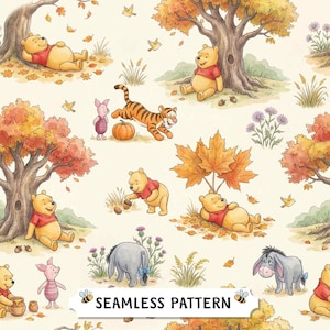 Könnte beinhalten: Ein nahtloses Muster mit Winnie Puuh, Tigger, Ferkel und I-Aah in einer herbstlichen Waldlandschaft. Das Design zeigt Aquarellillustrationen von Bäumen mit orangefarbenen Blättern, Kürbissen, Eicheln, Blumen und Bienen auf einem cremefarbenen Hintergrund.