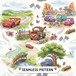 May include: A seamless pattern featuring watercolor illustrations of anthropomorphic cars, including a red race car, a rusty tow truck, and various other vehicles. The scene includes a winding road, a bridge, a diner, trees, flowers, and checkered flags.