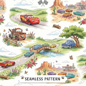 May include: A seamless pattern featuring watercolor illustrations of anthropomorphic cars in a desert landscape. The design includes Lightning McQueen, a tow truck, and various classic cars near a diner, a bridge, and cacti, with checkered flags.