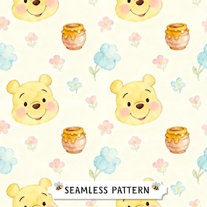 Puede incluir: Patrón sin costuras con una cara de oso amarillo, botes de miel y flores rosas y azules sobre un fondo crema. El texto "SEAMLESS PATTERN" se muestra en la parte inferior. El diseño es de estilo acuarela.