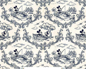 Navy Mouse Toile Digital Paper JPG | Fishing, Rowboats and Ornate Floral Scrolls on Ivory