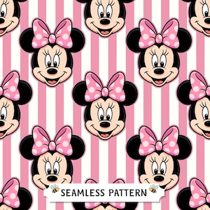 May include: A repeating seamless pattern featuring the face of Minnie Mouse with a pink and white polka dot bow, set against a background of vertical pink and white stripes. A white rectangular label at the bottom reads SEAMLESS PATTERN.