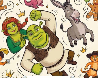 Fairytale Friends Digital Paper JPG | Green Ogres, Donkey, Pink Dragons and Gingerbread on Cream