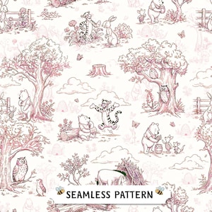 Vintage pink toile "Winnie the Pooh" seamless pattern for nursery and kids
