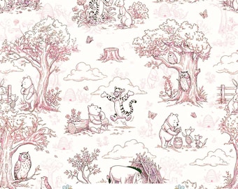 Vintage pink toile "Winnie the Pooh" seamless pattern for nursery and kids
