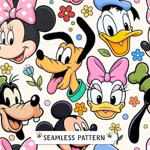 Puede incluir: Un patrón continuo con rostros de personajes de dibujos animados coloridos, incluyendo a Minnie Mouse, el Pato Donald, Pluto, Goofy y Daisy sobre un fondo crema. El diseño incluye flores pequeñas y puntos, con el texto SEAMLESS PATTERN abajo.