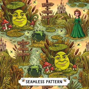 May include: A seamless pattern featuring a green ogre head, a princess in a green dress, a steaming green cauldron, red-spotted mushrooms, and wooden signs pointing to Swamp, Castle, and Far Far Away, set against a marshy landscape background.