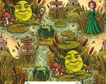 Golden Swamp Digital Paper JPG | Green Ogre, Princess, Castles and Bubbling Cauldrons with Fireflies