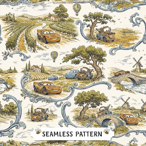 May include: A seamless fabric pattern featuring a toile-style illustration of characters from the movie Cars, including Lightning McQueen and Mater, set against a cream background with blue scrollwork, vineyards, trees, and windmills.