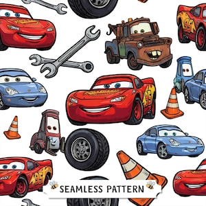 May include: A seamless pattern featuring cartoon characters from the movie Cars, including red race cars with number 95, a brown tow truck, and blue sports cars. The design also includes silver wrenches, black tires, and orange traffic cones.
