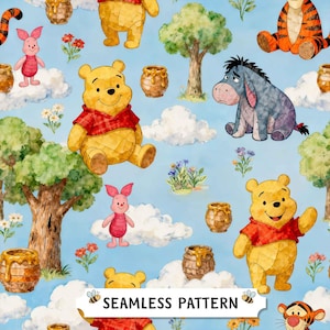 May include: A seamless pattern featuring Winnie the Pooh, Piglet, Eeyore, and Tigger characters, honey pots, trees, and flowers on a light blue background. The words "SEAMLESS PATTERN" are displayed on a white banner with bee illustrations.