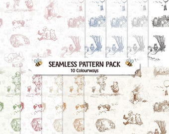 Winnie the Pooh Seamless Pattern Pack, Vintage E. H. Shepard storybook style, 10 Colorways