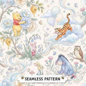 Peut inclure: Un motif répétitif représentant Winnie l'ourson, Tigrou, Porcinet, Bourriquet, Coco Lapin et Maître Hibou parmi des fleurs pastel, des champignons, des ruches et des nuages. Le design inclut des ballons, papillons et étoiles sur fond crème.