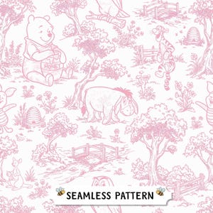 Pink Toile Seamless Pattern, Storybook Pooh Bear Digital Paper for nursery/ baby shower crafts