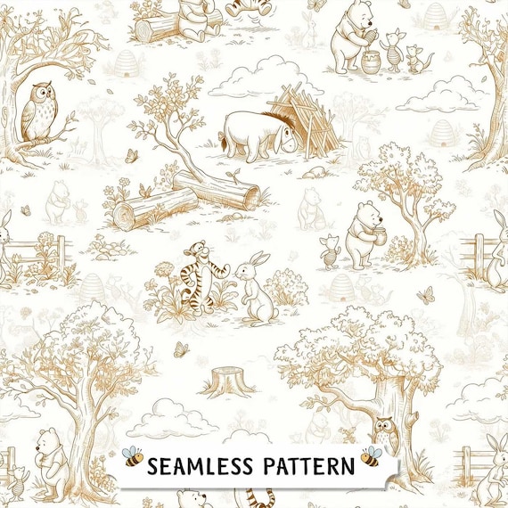 Vintage Winnie the Pooh Toile Seamless Pattern for Baby Shower Crafts (PNG)