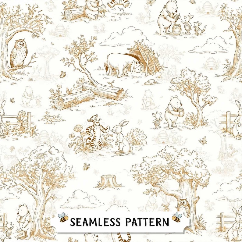 Vintage Winnie the Pooh Toile Seamless Pattern for Baby Shower Crafts (PNG) image 1
