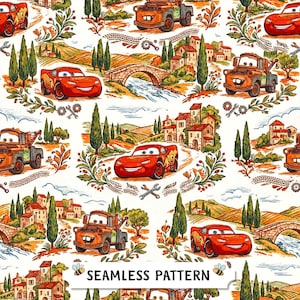 Puede incluir: Un patrón continuo con coches de carreras rojos y grúas marrones en un paisaje con puentes de piedra, colinas, cipreses y edificios pequeños. El diseño incluye detalles florales, llaves inglesas y el texto SEAMLESS PATTERN.