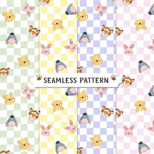 Op de afbeelding: Naadloos patroon met Winnie de Poeh-personages op een geruite achtergrond. Het ontwerp bevat Winnie de Poeh, Knorretje, Tijger en Iejoor, met de tekst "SEAMLESS PATTERN". De achtergrondkleuren zijn groen, geel, paars en roze.
