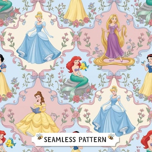 May include: A seamless pattern featuring various animated princesses in ornate frames on a light blue background with floral accents. The characters include figures in blue, yellow, and purple gowns, and a mermaid with a yellow fish. Text reads SEAMLESS PATTERN.