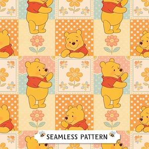 May include: A repeating seamless pattern featuring a yellow bear in a red top, flowers, and polka dots. The background is a patchwork of orange, yellow, and blue squares. The text "SEAMLESS PATTERN" is at the bottom.