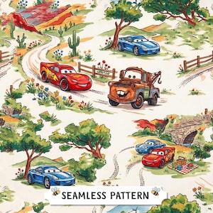 May include: A seamless pattern featuring watercolor illustrations of characters from the movie Cars, including a red race car with number 95, a brown tow truck, and blue sports cars driving through a landscape with trees, cacti, and flowers.