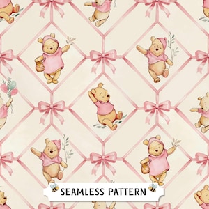 Winnie Puuh Coquette Musterdesign – Pink Ribbon Digitales Papier für Kinderzimmer Stoffe & Babydecken