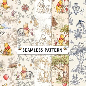 May include: A collection of seamless patterns featuring Winnie the Pooh and friends. The illustrations include Pooh, Piglet, Eeyore, and owls in various scenes. The patterns have a vintage, storybook aesthetic with a cream background and the text "SEAMLESS PATTERN".