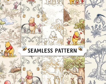 Winnie the Pooh Seamless Pattern Bundle – 5 Toile Digital Papers Pack