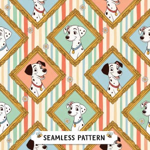 May include: A seamless pattern featuring cartoon Dalmatian dogs inside ornate gold diamond-shaped frames. The background consists of vertical stripes in pastel pink, blue, and cream, accented with small white daisy flowers throughout the design.