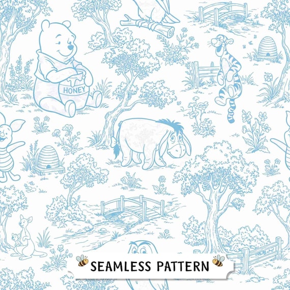 Baby blue Vintage Winnie the Pooh toile seamless pattern