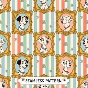 May include: A seamless pattern featuring repeating illustrations of Dalmatian dogs inside ornate gold frames. The background consists of vertical stripes in pastel pink, blue, and cream, accented with small white daisy flowers. Text reads SEAMLESS PATTERN.