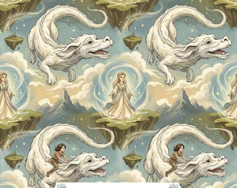 White Dragon Digital Paper JPG | Storybook Princess, Floating Islands and Muted Blue Fantasy Skies