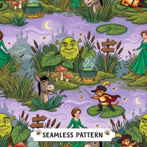 May include: A seamless pattern featuring cartoon characters including a green ogre, a donkey, a cat in a cape with a sword, and a princess in a green dress. The scene includes a swamp with lily pads, mushrooms, cattails, and a castle in the background.