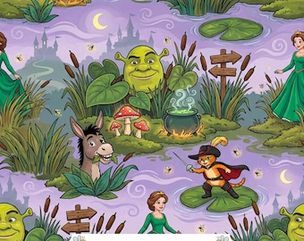 Fantasy Swamp Digital Paper JPG | Green Ogre, Princess, Donkey and Sword Cat on Lavender