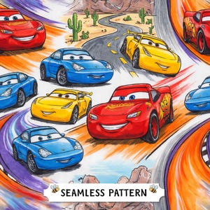 May include: A seamless fabric pattern featuring colorful cartoon race cars in red, yellow, and blue driving on a winding desert road with cacti. The design includes multiple vehicles with expressive eyes and the text SEAMLESS PATTERN at the bottom.