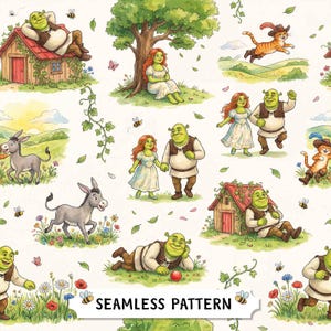 Peut inclure: Un motif répétitif composé d'illustrations à l'aquarelle représentant des ogres verts, une femme aux longs cheveux roux, un âne gris et un chat tigré orange portant des bottes. Les personnages sont illustrés dans des décors champêtres.