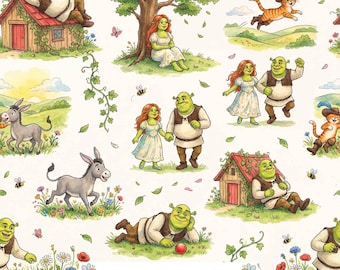 Watercolor Fairytale Digital Paper | Shrek, Donkey, Cat, Cottage Garden (12x12 Inch)