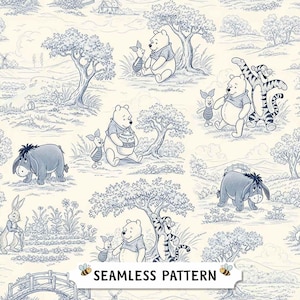 May include: A seamless pattern featuring Winnie the Pooh and friends in a blue and white toile design. The illustration includes Pooh, Piglet, Tigger, Eeyore, and Rabbit in a pastoral setting. The text "SEAMLESS PATTERN" is displayed.