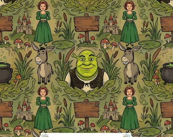 Fairytale Swamp Digital Paper JPG | Green Ogre, Princess, Donkey and Castles on Olive