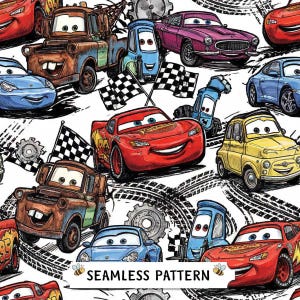 May include: A seamless pattern featuring cartoon race cars and tow trucks with expressive eyes, including red, blue, yellow, and purple vehicles. The design includes black and white checkered flags, tire tracks, and gears on a white background.