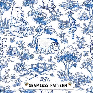 Blue Toile Winnie the Pooh Seamless Pattern, Digital File, COMMERCIAL USE, 2 JPGs 4960x4960