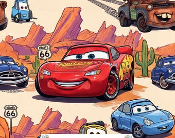 Cartoon Race Car Digital Paper JPG | Desert Road Trip, Tow Trucks and Cactus Scenery