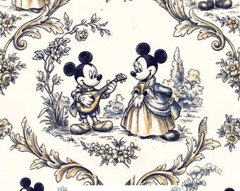 Romantic Mouse Toile Digital Paper JPG | Blue and Gold Floral Scrolls with Vintage Serenade