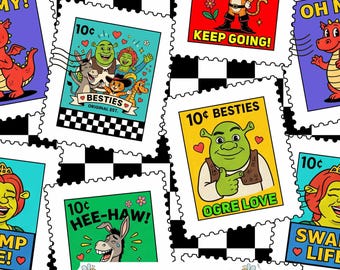 Fairytale Stamp Digital Paper JPG | Colorful Ogre, Donkey and Dragon Collage